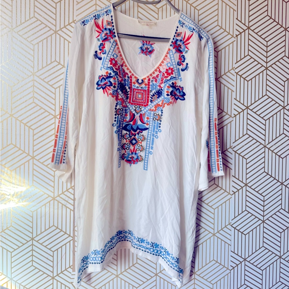 SOLITAIRE White Long Sleeve Floral Embroidered Mini Dress Size Medium